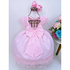 Vestido Infantil Rosa Com Cinto de Pérolas Luxo