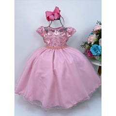 Vestido Infantil Rose C/ Renda e Apliques Cinto Pérolas