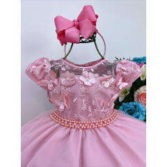 Vestido Infantil Rose C/ Renda e Apliques Cinto Pérolas