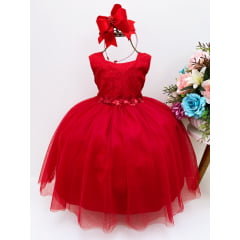 Vestido Infantil Vermelho Aplique Flores e Strass Batizado
