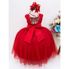 Vestido Infantil Vermelho Aplique Flores e Strass Batizado