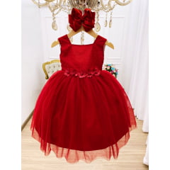 Vestido Infantil Vermelho Aplique Flores e Strass Batizado