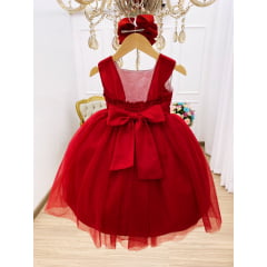 Vestido Infantil Vermelho Aplique Flores e Strass Batizado