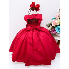 Vestido Infantil Vermelho Busto Rendado Laço e Pérola Luxo