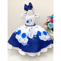 Vestido Azul e Branco Flor Rosas e Cinto Pérolas