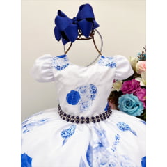Vestido Azul e Branco Flor Rosas e Cinto Pérolas