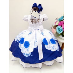 Vestido Azul e Branco Flor Rosas e Cinto Pérolas