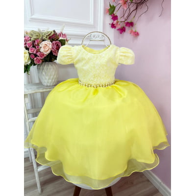 Vestido Infantil Amarelo C/ Renda Cinto Pérola e Tiara Festa