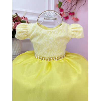 Vestido Infantil Amarelo C/ Renda Cinto Pérola e Tiara Festa