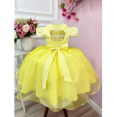 Vestido Infantil Amarelo C/ Renda Cinto Pérola e Tiara Festa