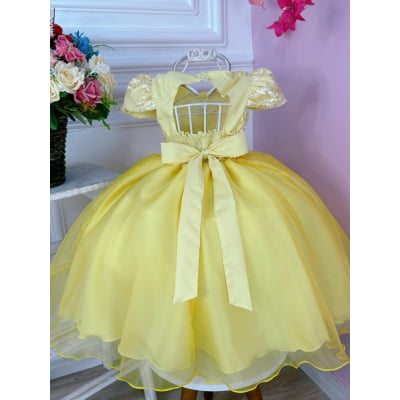Vestido Infantil Amarelo C/ Renda Cinto Pérolas e Tiara