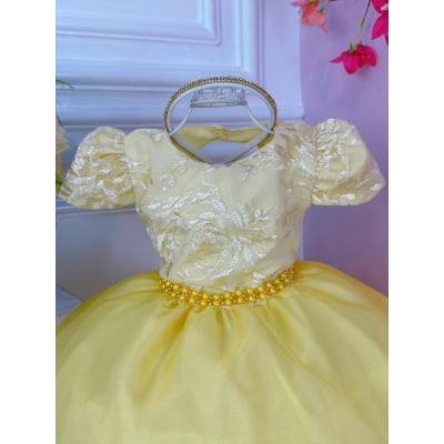 Vestido Infantil Amarelo C/ Renda Cinto Pérolas e Tiara