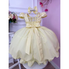 Vestido Infantil Amarelo C/ Renda e Cinto de Pérolas e Laço