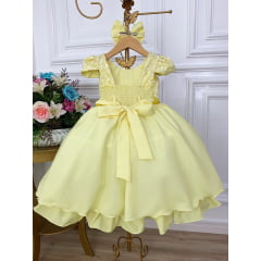 Vestido Infantil Amarelo C/ Renda e Cinto de Pérolas e Laço