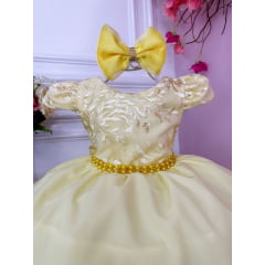 Vestido Infantil Amarelo C/ Renda e Cinto de Pérolas e Laço