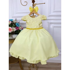 Vestido Infantil Amarelo C/ Renda e Cinto de Pérolas e Laço