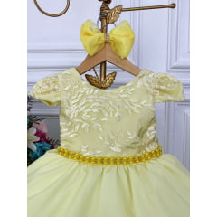 Vestido Infantil Amarelo C/ Renda e Cinto de Pérolas e Laço