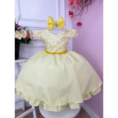 Vestido Infantil Amarelo C/ Renda e Cinto de Pérolas e Laço