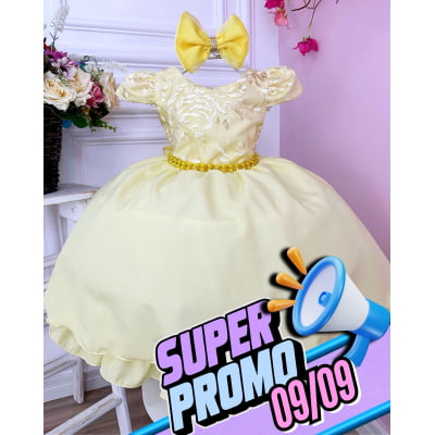 Vestido Infantil Amarelo C/ Renda e Cinto de Pérolas e Laço