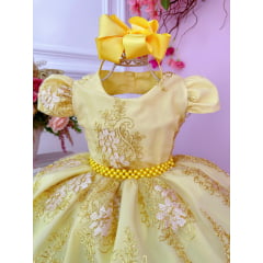 Vestido Infantil Amarelo C/ Renda Realeza Cinto Pérolas