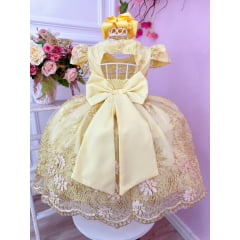 Vestido Infantil Amarelo C/ Renda Realeza Cinto Pérolas
