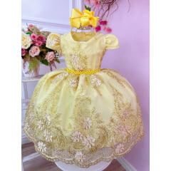 Vestido Infantil Amarelo C/ Renda Realeza Cinto Pérolas