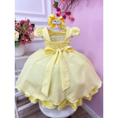 Vestido Infantil Amarelo Cinto de Pérolas Casamento Luxo