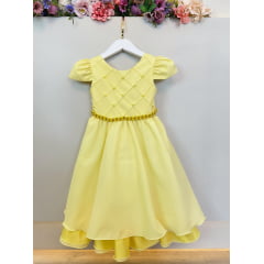Vestido Infantil Amarelo Cinto de Pérolas Casamento Luxo