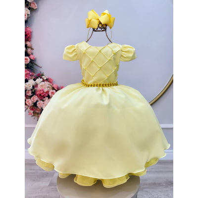 Vestido Infantil Amarelo Cinto de Pérolas Casamento Luxo