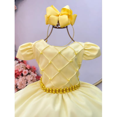 Vestido Infantil Amarelo Cinto de Pérolas Casamento Luxo