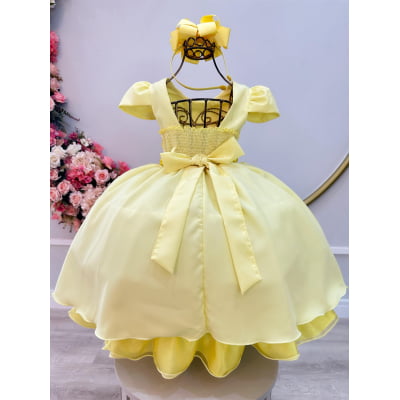 Vestido Infantil Amarelo Cinto de Pérolas Casamento Luxo