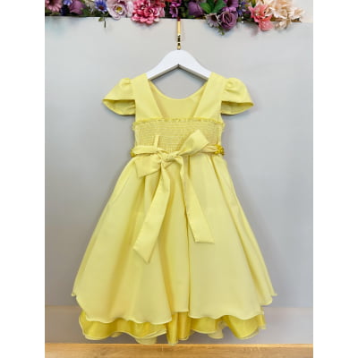 Vestido Infantil Amarelo Cinto de Pérolas Casamento Luxo