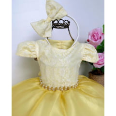 Vestido Infantil Amarelo Renda Damas Cinto Pérolas C/ Tiara