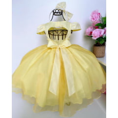 Vestido Infantil Amarelo Renda Damas Cinto Pérolas C/ Tiara