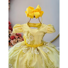 Vestido Infantil Amarelo Renda Realeza Cinto de Pérolas Damas