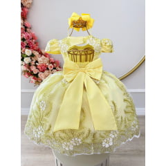 Vestido Infantil Amarelo Renda Realeza Cinto de Pérolas Damas