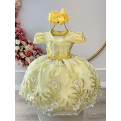 Vestido Infantil Amarelo Renda Realeza Cinto de Pérolas Damas