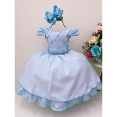 Vestido Infantil Azul Bebê Cinto de Pérolas Casamento Luxo