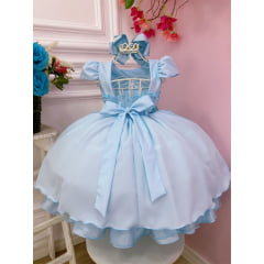 Vestido Infantil Azul Bebê Peito Nervuras Cinto de Pérolas