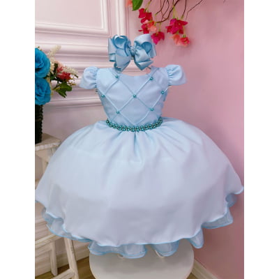 Vestido Infantil Azul Bebê Peito Nervuras Cinto de Pérolas