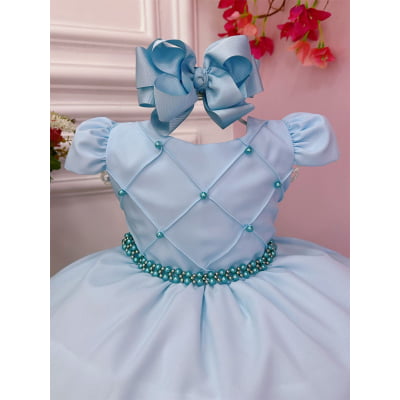 Vestido Infantil Azul Bebê Peito Nervuras Cinto de Pérolas