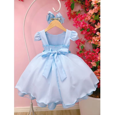 Vestido Infantil Azul Bebê Peito Nervuras Cinto de Pérolas