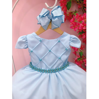 Vestido Infantil Azul Bebê Peito Nervuras Cinto de Pérolas