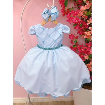 Vestido Infantil Azul Bebê Peito Nervuras Cinto de Pérolas
