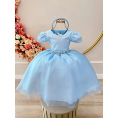 Vestido Infantil Azul Busto C/ Renda e Tiara Damas Luxo