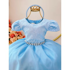 Vestido Infantil Azul Busto C/ Renda e Tiara Damas Luxo