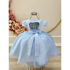 Vestido Infantil Azul Busto C/ Renda e Tiara Damas Luxo