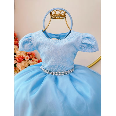 Vestido Infantil Azul Busto C/ Renda e Tiara Damas Luxo