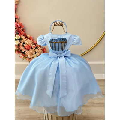 Vestido Infantil Azul Busto C/ Renda e Tiara Damas Luxo