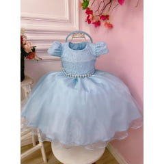 Vestido Infantil Azul C/ Renda e Cinto de Pérolas Tiara